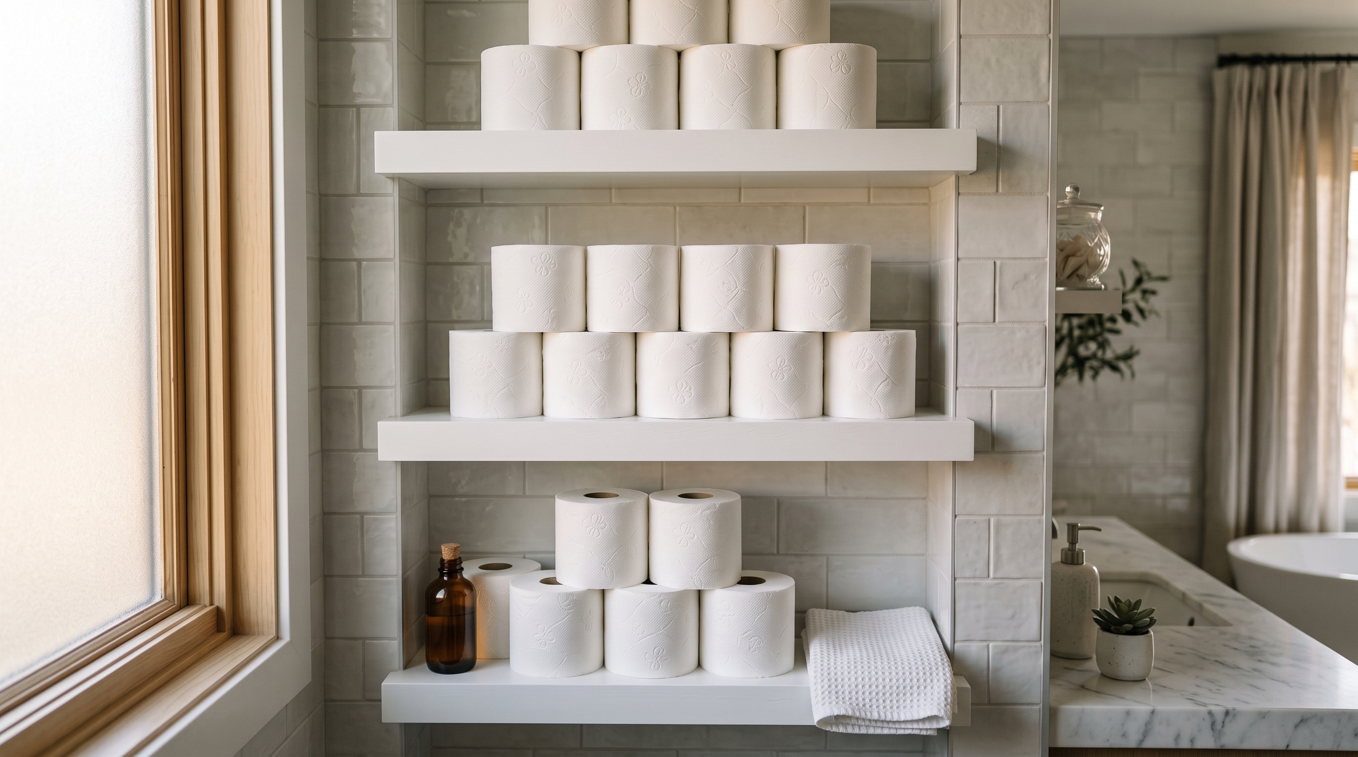 Tissue products arranged on shelves
